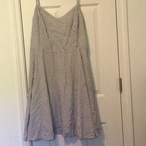 Summer dress in navy and white stripes with spaghetti straps.